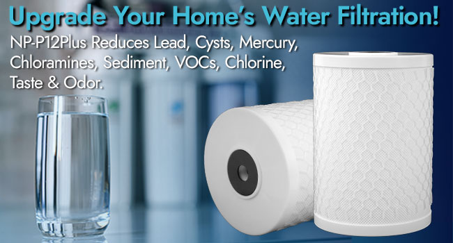 Two neoPure white NP-P12PLUS replacement cartridges next to a glass of water. The text describes that these cartridges reduce lead, cysts, mercury, sediment, VOCs, chlorine, and taste and odor
