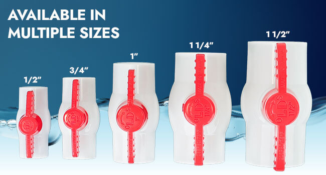 Five Schedule 40 PVC Ball Valves with red handles, shown in ascending sizes against a water background. Key features listed are Compact, Maintenance-Free Design and High Pressure Performance