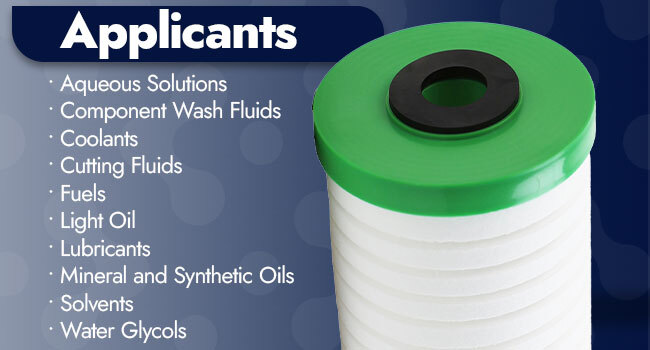 neoPure MBGC-45200-25 filter cartridge with a green cap shown next to a list of applicants such as coolants, fuels, and light oil