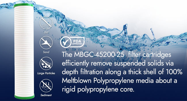 neoPure MBGC-45200-25 filter cartridge shown in front of a wave of water. Icons to the right showing it removes dirt, sand, large particles, sediment, and it is FDA approved