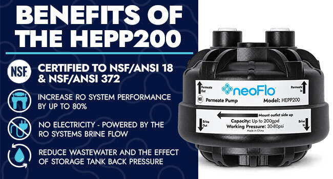 Infographic showing a black neoFlo HEPP200 permeate pump alongside benefits including improved RO performance, operation without electricity, and reduced wastewater and storage tank back pressure.