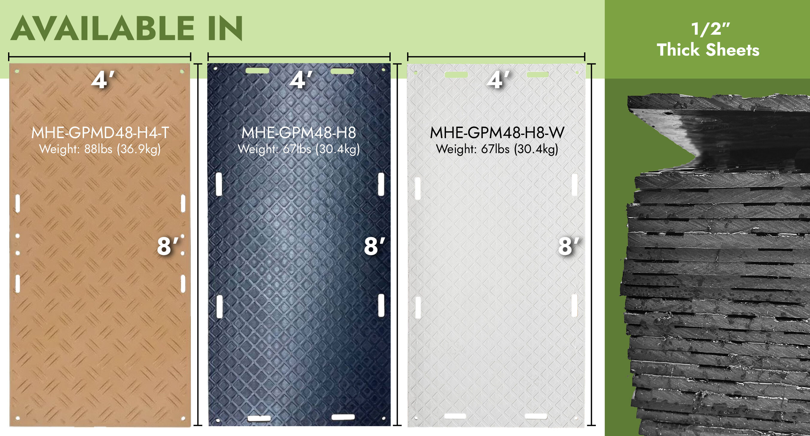 Tan and black ground protection mats in 4x8 and 3x8 sizes with weights ranging from 50 to 88 lbs