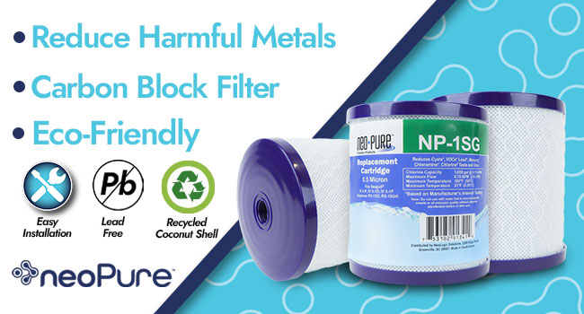 neoPure NP-1SG carbon block filter helps reduce harmful metals and features a recycled coconut shell