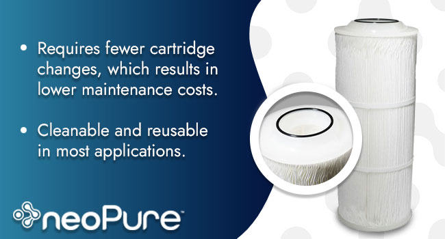 neoPure PSJE-90-20 filter with a list of bulleted items showing it reduces sediment, dirt and rust, removes large particles, and has consistent water flow and pressure