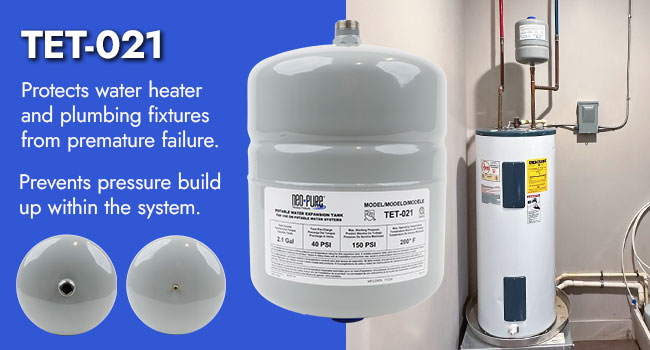 Close ups of the bottom and top of the thermal expansion tank next to a water heater. The tank prevents pressure build up