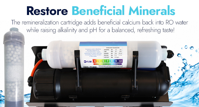Remineralization cartridge installed on an RO system, adding calcium and raising alkalinity and pH for balanced water.