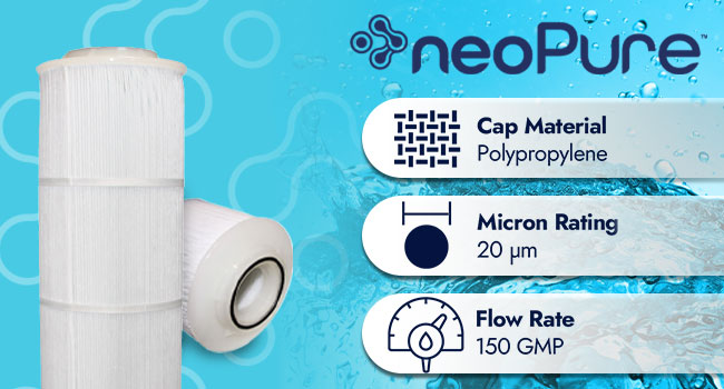 neoPure PSJE-170-20 filter standing up showing the cap material is polypropylene, micron rating is 20, and flow rate is 150 galloons per minute
