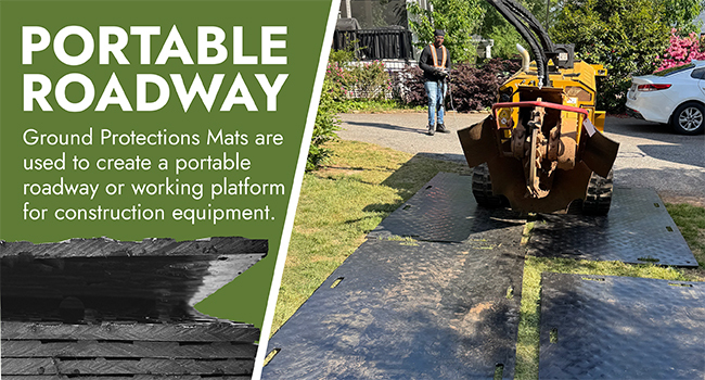 Ground protection mat featuring handles and anchor points for simple setup