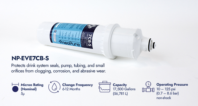 NeoPure NP-EVE7CB-S replacement filter with blue label, micron rating 0.5, 6–12 month change, 17,500-gallon capacity, 10–125 psi.