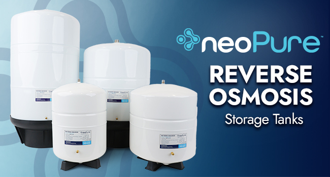 Four white neoPure reverse osmosis storage tanks of different sizes with black bases, displayed on a blue background