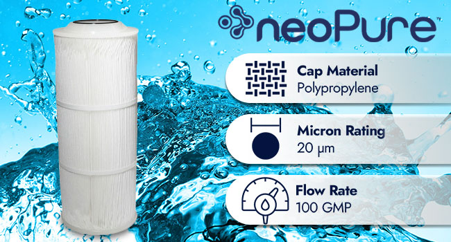 neoPure PSJE-90-20 filter showing the cap material is polypropylene, micron rating of 20, and flow rate of 100 gmp