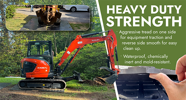 Heavy-duty black ground protection mat under excavator with aggressive tread for traction and a smooth side for easy cleaning; waterproof, chemically resistant, and mold-resistant