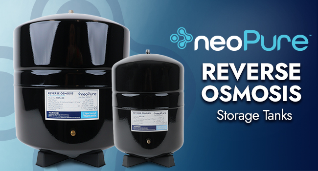 Two black neoPure reverse osmosis storage tanks of different sizes with black bases, displayed on a blue background