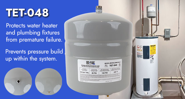 Close ups of the bottom and top of the thermal expansion tank next to a water heater. The tank prevents pressure build up