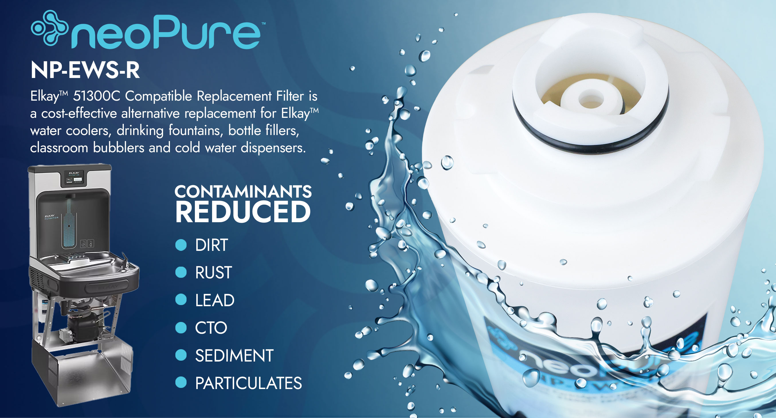 neoPure NP‑EWS‑R Elkay 51300C compatible water filter reducing lead, rust, dirt, sediment, and particulates