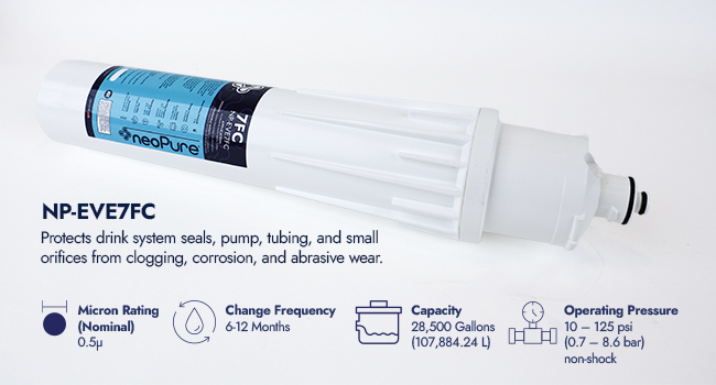 NeoPure NP-EVE7FC replacement filter with blue label, micron rating 0.5, 6–12 month change, 17,500-gallon capacity, 10–125 psi