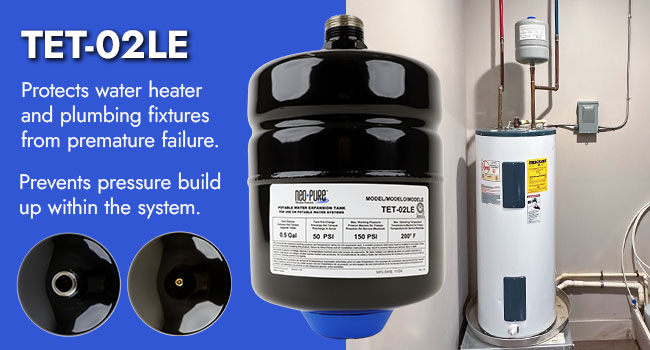 Close ups of the bottom and top of the thermal expansion tank next to a water heater. The tank prevents pressure build up