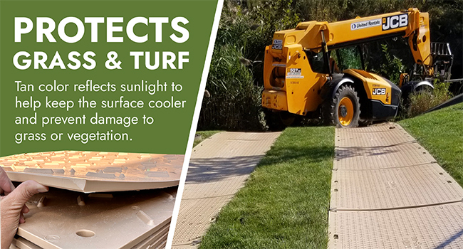 Excavator driving on tan ground protection mats that reflect sunlight to keep the surface cooler and protect grass and turf from damage