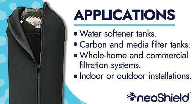Infographic listing neoShield applications for water softeners, carbon filters, and indoor or outdoor filtration systems.