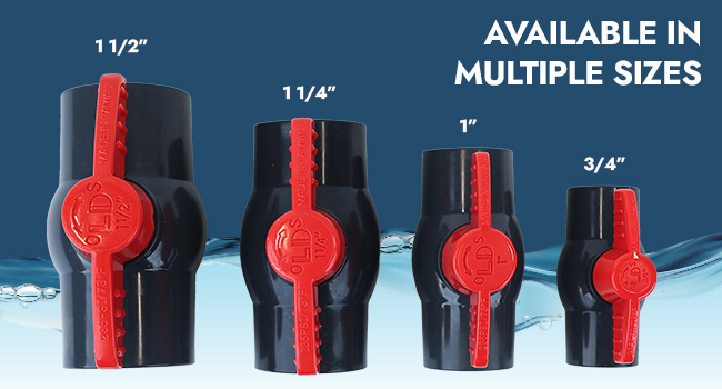 Five Schedule 80 PVC Ball Valves with red handles shown in various sizes: 1/2”, 3/4”, 1”, 1 1/4”, 1 1/2”