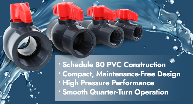 Five Schedule 80 PVC Ball Valves with red handles, shown in ascending sizes against a water background. Key features listed are Compact, Maintenance-Free Design and High Pressure Performance