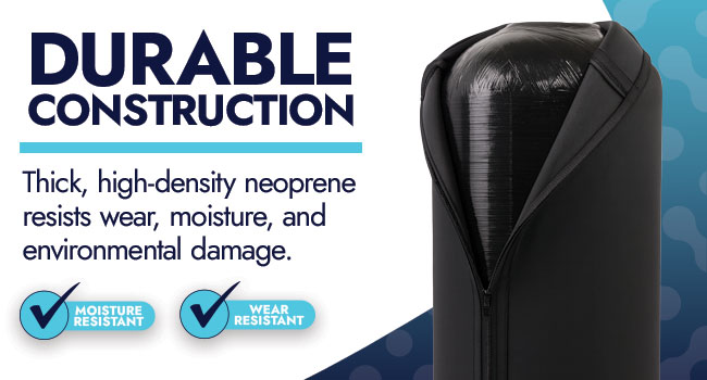 Close-up of a black neoShield neoprene tank jacket showing the thick, wear-resistant material and heavy-duty zipper.