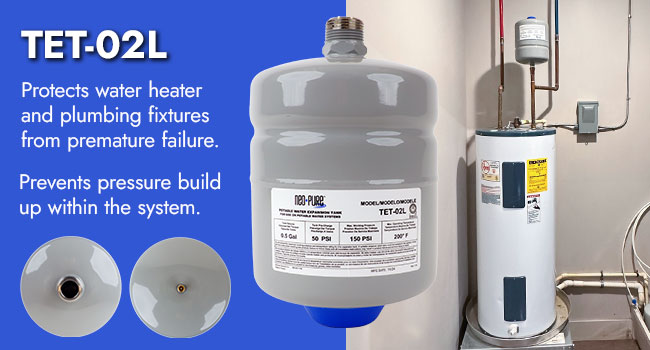 Close ups of the bottom and top of the thermal expansion tank next to a water heater. The tank prevents pressure build up