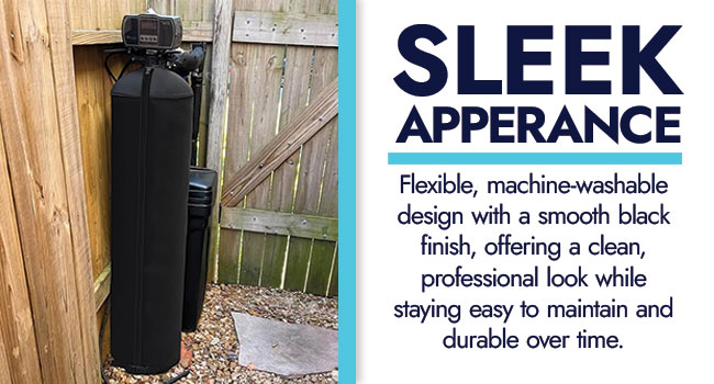 Outdoor water softener tank with a black neoShield cover installed outside with sleek apperance and long durability.