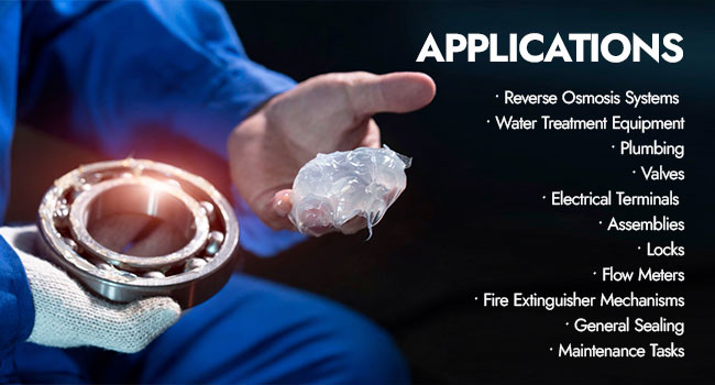 Technician holding a bearing and neoCoat silicone grease with a list of applications like plumbing, valves, and Reverse Osmosis systems