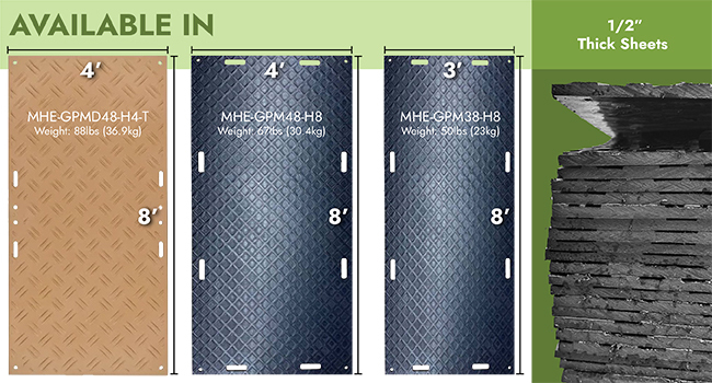 Tan and black ground protection mats in 4x8 and 3x8 sizes with weights ranging from 50 to 88 lbs