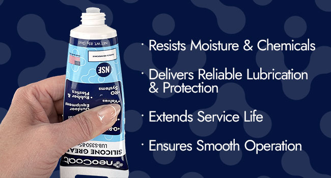 Hand squeezing a tube of neoCoat silicone grease against a blue background, with text highlighting benefits such as resisting moisture and chemicals, providing reliable lubrication and protection, extending service life, and ensuring smooth operation