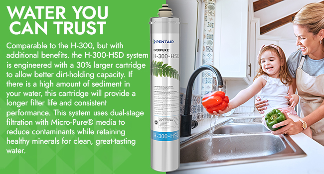 Pentair Everpure H-300 water filter next to a mom and young girl washing bell peppers in their kitchen sink. Text: Water you can trust