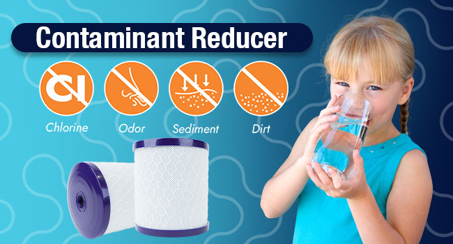 neoPure NP-1SG next to a little girl drinking a glass of clean water. Reducing chlorine, odor, sediment, and dirt