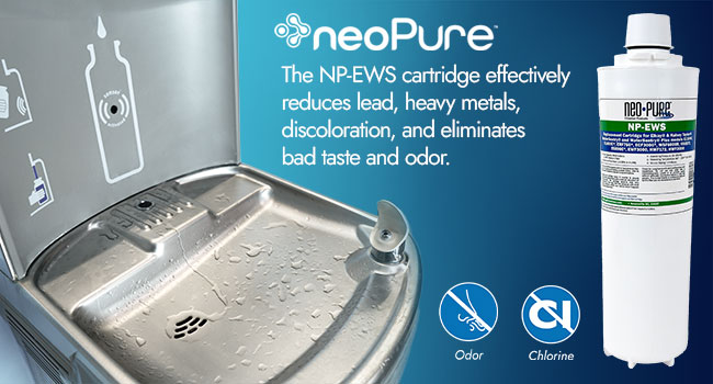 neoPure NP-EWS water filter shown next to a drinking fountain, reducing lead, heavy metals, discoloration, chlorine, and odor